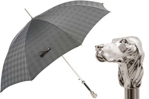 Luxus Regenschirm Herren mit Silberhund - Automatische �ffnung - 100% Polyester - Silberfarben Emaillierter Griff aus Harz - Handmade in Italy