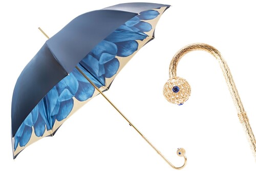 Luxus-Regenschirm mit Blauen Dahlien, Doppelgewebe f�r Damen - Handmade in Italy