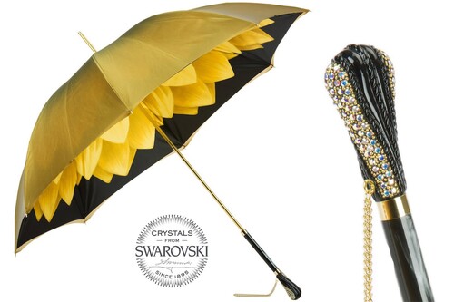 Luxus-Regenschirm mit Gold Dahlien, Doppelgewebe f�r Damen - Manuelle �ffnung - 100% Polyester - Griff mit Swarovski�-Kristallen - Handmade in Italy