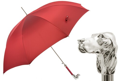 Luxus Roter Regenschirm mit Silbernem Hund f�r Herren - Handmade in Italy