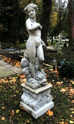 Massive schwere Anik Stil Skulptur / Statue M�dchen mit Delfin mit Sockel Antikgrau von Casa Padrino - Steinfigur Barock Gartenskulptur - sehr schwer -