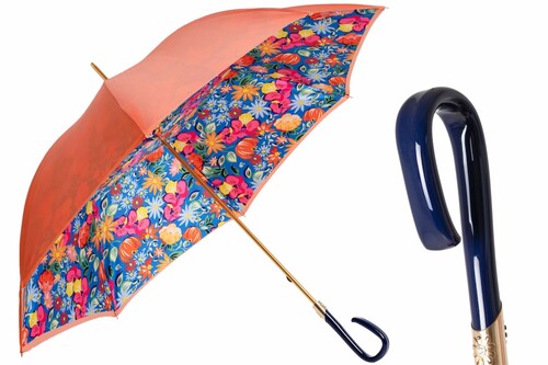 Orange Regenschirm mit Blumen f�r Damen - Manuelle �ffnung - 100% Polyester - Griff aus Acetat - Handmade in Italy