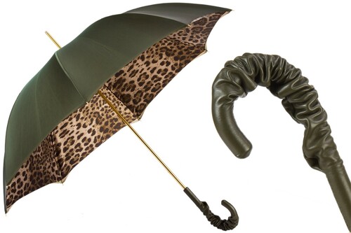 Pastell-gr�ner Regenschirm mit Leopardmuster, Doppelgewebe f�r Damen - Handmade in Italy