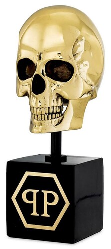 Philipp Plein Luxus Designer Deko Totenkopf Gold / Schwarz H. 20cm - Skull Skulptur aus Marmorsockel