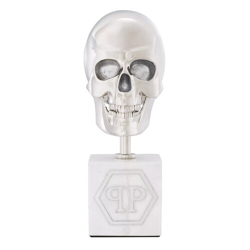 Philipp Plein Luxus Designer Deko Totenkopf Platinfarben / Wei� H. 20cm - Skull Skulptur aus Marmorsockel