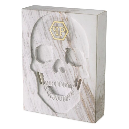 Philipp Plein Luxus Designer Marmor Skull Book Deko 18 x 24 x H. 5,5 cm Totenkopf Marmor Skulptur