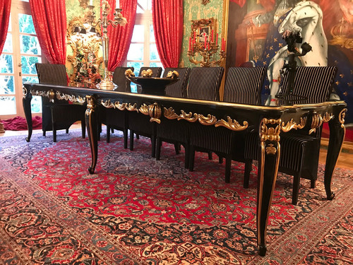 Pomp��s by Casa Padrino Barock Luxus Esstisch mit Glasplatte Schwarz / Gold 350 x 120 x H. 80 cm - Pomp��ser Barock Esstisch designed by Harald Gl��ckler