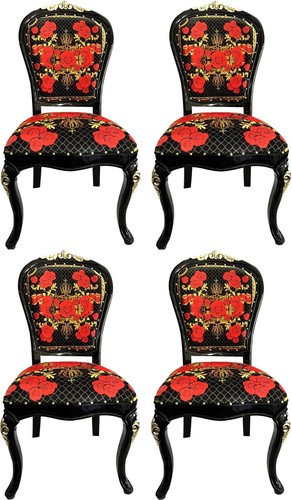 Pomp��s by Casa Padrino Luxus Barock Esszimmerst�hle Roses Schwarz / Rot / Gold - Esszimmer Set - 4 Pomp��se Barock St�hle designed by Harald Gl��ckler