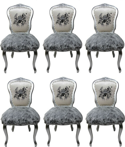 Pomp��s by Casa Padrino Luxus Barock Esszimmerst�hle Krone Wei� / Grau / Silber  - Pomp��se Barock St�hle designed by Harald Gl��ckler - 6 Esszimmerst�hle mit Kunstfell