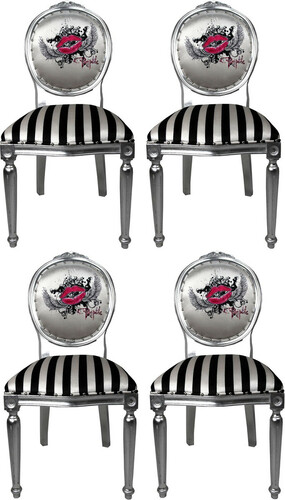 Pomp��s by Casa Padrino Luxus Barock Esszimmerst�hle Pink Lips Schwarz / Wei� Streifen / Silber - Pomp��se Barock St�hle designed by Harald Gl��ckler - 4 Esszimmerst�hle