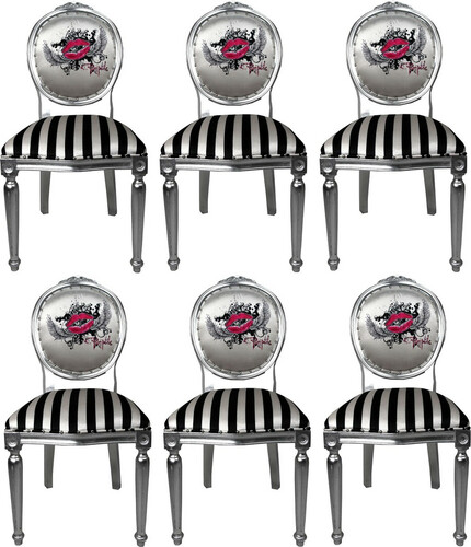 Pomp��s by Casa Padrino Luxus Barock Esszimmerst�hle Pink Lips Schwarz / Wei� Streifen / Silber - Pomp��se Barock St�hle designed by Harald Gl��ckler - 6 Esszimmerst�hle