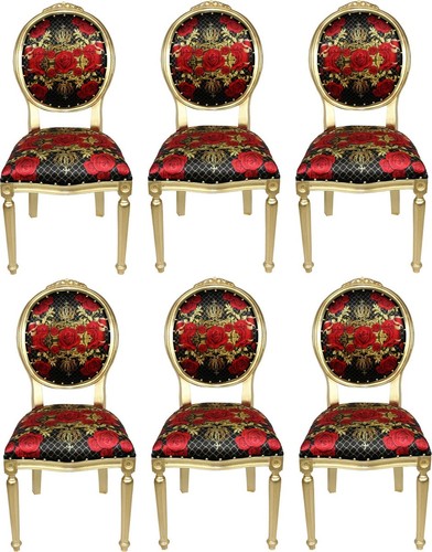 Pomp��s by Casa Padrino Luxus Barock Esszimmerst�hle Rosen Schwarz / Rot / Gold - Pomp��se Barock St�hle designed by Harald Gl��ckler - 6 Esszimmerst�hle