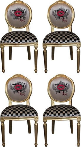 Pomp��s by Casa Padrino Luxus Barock Esszimmerst�hle Rote Lippen Creme / Karo / Gold - Pomp��se Barock St�hle designed by Harald Gl��ckler - 4 Esszimmerst�hle