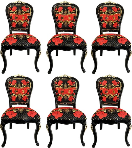 Pomp��s by Casa Padrino Luxus Barock Esszimmerst�hle Roses Schwarz / Rot / Gold - Esszimmer Set - 6 Pomp��se Barock St�hle designed by Harald Gl��ckler