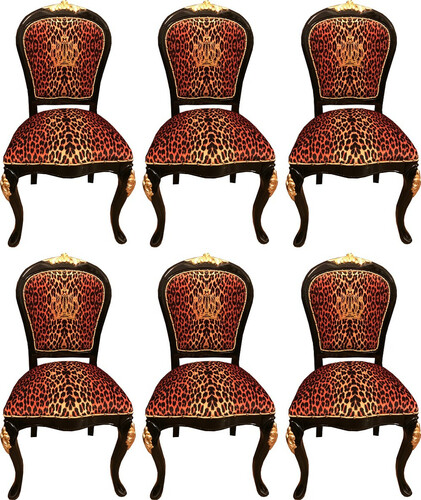 Pomp��s by Casa Padrino Luxus Barock Esszimmerst�hle Krone mit Glitzersteinen Leopard / Schwarz / Gold - Esszimmer Set - 6 Pomp��se Barock St�hle designed by Harald Gl��ckler