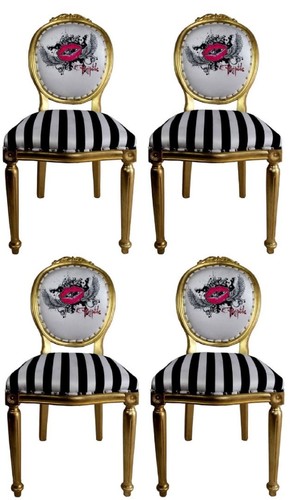 Pomp��s by Casa Padrino Luxus Barock Esszimmerst�hle Pink Lips Schwarz / Wei� Streifen / Gold - Pomp��se Barock St�hle designed by Harald Gl��ckler - 4 Esszimmerst�hle