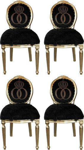Pomp��s by Casa Padrino Luxus Barock Esszimmerst�hle Kunstfell Schwarz / Gold Krone mit Glitzersteinen 50 x 60 x H. 104 cm - Pomp��se Barock St�hle designed by Harald Gl��ckler - 4 Esszimmerst�hle