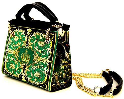 Pomp��s by Casa Padrino Luxus Damen Handtasche Baroque Flowers mit Krone und Strass Steine Gr�n / Schwarz / Gold 25 x H. 20 cm - designed by Harald Gl��ckler