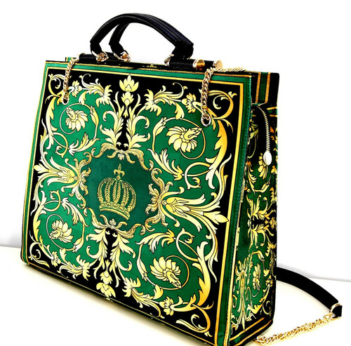 Pomp��s by Casa Padrino Luxus Damen Handtasche Baroque Flowers mit Krone und Strass Steinen Gr�n / Schwarz / Gold 43 x H. 43 cm - designed by Harald Gl��ckler