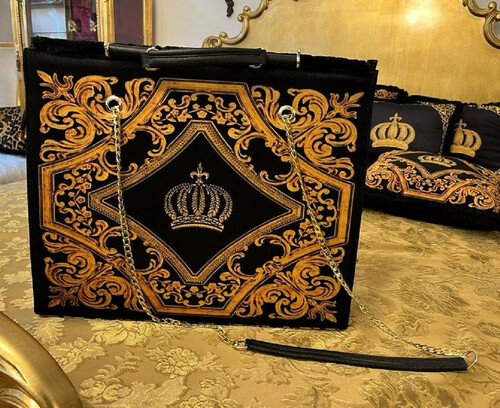 Pomp��s by Casa Padrino Luxus Damen Handtasche Krone und Glitzersteine Schwarz / Gold 43 x H. 43 cm - designed by Harald Gl��ckler