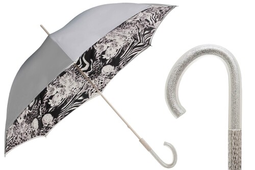 Regenschirm Damen Animalier mit silbernen Rosen - Manuelle �ffnung - 100% Polyester - Griff aus Acetat - Handmade in Italy