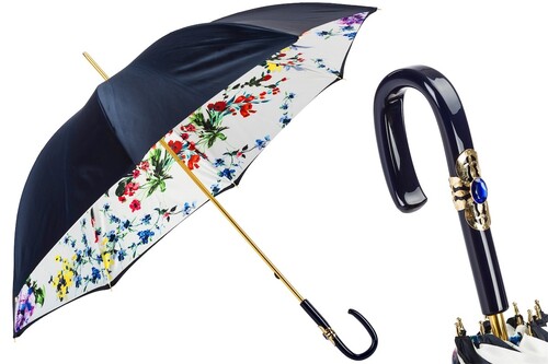 Regenschirm Damen Blau mit Blumen - Manuelle �ffnung - 100% Polyester - Griff aus Acetat - Handmade in Italy