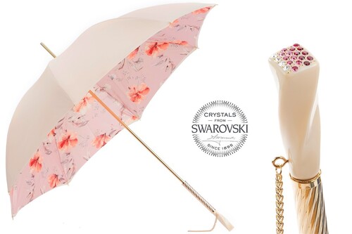 Regenschirm Damen Elfenbeinschirm mit rosa Bl�ten - Manuelle �ffnung - 100% Polyester - Griff mit Swarovski�-Kristallen - Handmade in Italy