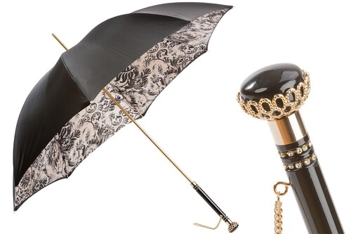 Regenschirm Damen in Wei� / Schwarz mit Blumenschmuck, Doppelgewebe - Manuelle �ffnung - 100% Polyester - Griff aus Acetat - Handmade in Italy