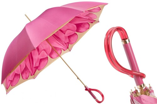Regenschirm Damen mit Fuchsien Dahlien, Doppelgewebe - Manuelle �ffnung - 100% Polyester - Griff aus Acetat - Handmade in Italy