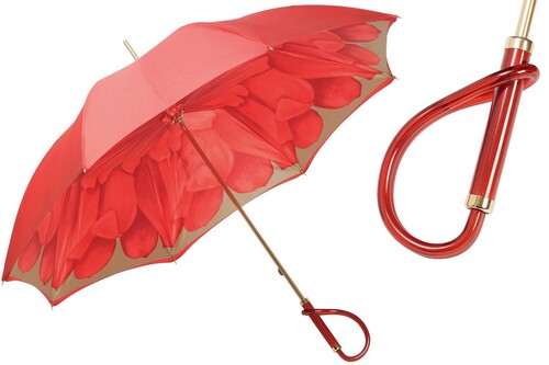 Regenschirm Damen mit Roten Dahlien, Doppelgewebe - Manuelle �ffnung - 100% Polyester - Griff aus Acetat - Handmade in Italy