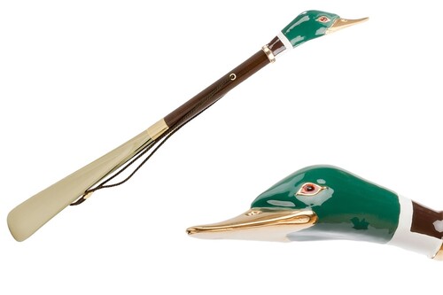 Schuhanzieher mit Ente - Buchenholz-Stange, Schaufel aus ABS, Griff aus Emailliertem Messing - Handmade in Italy