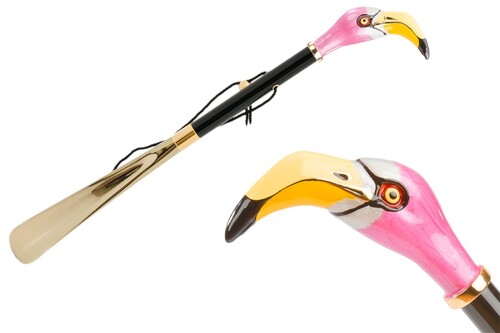Schuhanzieher mit Flamingo - Buchenholz-Stange, Schaufel aus ABS, Griff aus Emailliertem Messing - Handmade in Italy