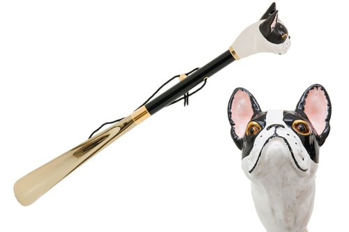 Schuhanzieher mit Franz�sische Bulldogge - Buchenholz-Stange, Schaufel aus ABS, Griff aus Emailliertem Messing - Handmade in Italy