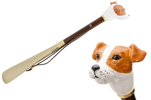 Schuhanzieher mit Jack Russell - Buchenholz-Stange, Schaufel aus ABS, Griff aus Emailliertem Messing - Handmade in Italy