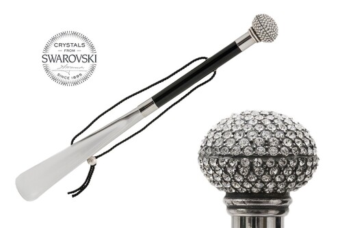 Schuhanzieher mit Luxus-Knauf mit Swarovski�-Kristallen - Buchenholz-Stange, Schaufel aus ABS, Griff mit Swarovski�-Kristallen - Handmade in Italy