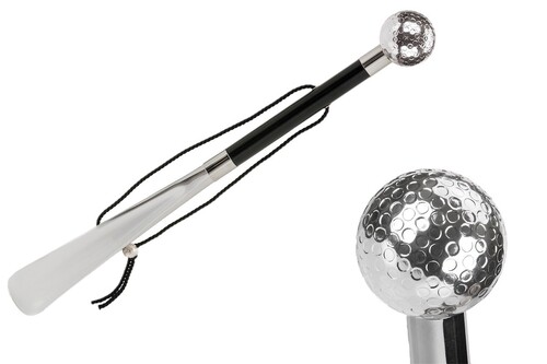 Schuhanzieher mit Silber Golfball - Buchenholz-Stange, Schaufel aus ABS, Silberfarben Emaillierter Griff aus Harz - Handmade in Italy