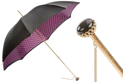 Schwarzer Regenschirm mit Punktemuster, Doppelgewebe f�r Damen - Handmade in Italy