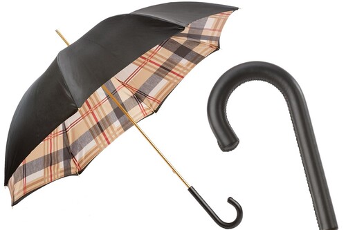 Schwarzer Regenschirm mit Tartanmuster Innen, Doppelgewebe f�r Damen - Handmade in Italy