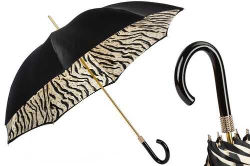 Schwarzer Regenschirm mit Tigermuster, Doppelgewebe f�r Damen - Manuelle �ffnung - 100% Polyester - Griff aus Acetat - Handmade in Italy