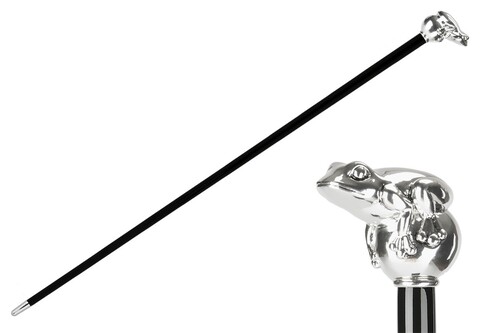 Spazierstock mit Silberner Frosch - Stock aus Buchenholz, Messingzwinge mit Gummiende, Silberfarben Emaillierter Griff aus Harz - Handmade in Italy