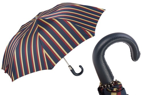 Taschenschirm Herren Faltbarer Gestreift Regenschirm mit Ledergriff - Handmade in Italy
