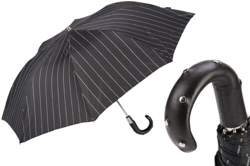 Taschenschirm Herren Faltbarer Regenschirm mit Nadelstreifen und Ledergriff mit Ziern�geln - Handmade in Italy
