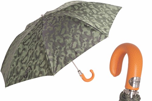 Taschenschirm Herren Tarnen Regenschirm mit Orangefarbener Ledergriff - Handmade in Italy
