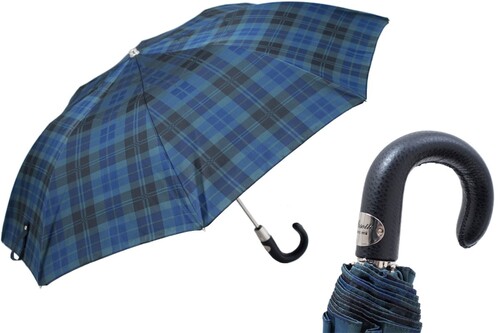Taschenschirm Herren Tartan Faltbarer Regenschirm mit Ledergriff - Handmade in Italy