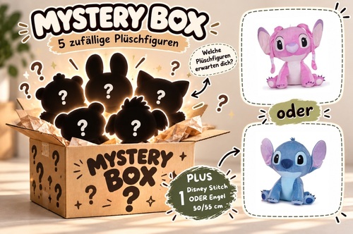 Mystery-Pl�schbox - 5 Pl�schtier-�berraschungen plus garantiertem Disney Stitch oder Engel 50/55 cm
