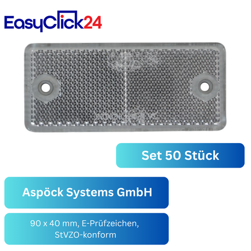 50x Asp�ck R�ckstrahler wei� 90x40mm schraubbar E-Pr�fzeichen