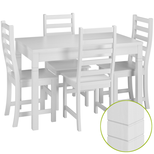 Sch�ne Essgruppe mit Tisch und 4 St�hlen in kiefer Massivholz waschwei� 90.70-51 B W-Set 21