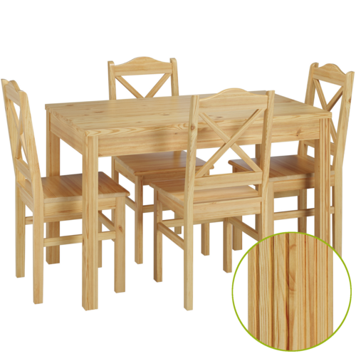 Sch�ne Essgruppe mit Tisch und 4 St�hlen in kiefer Massivholz natur 90.70-51 C-Set 20