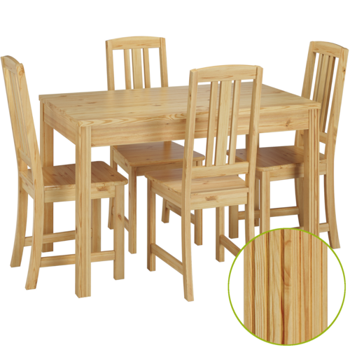 Stilvolle Essgruppe mit Tisch und 4 St�hle in Kiefer Massivholz natur 90.70-51 C-Set 22