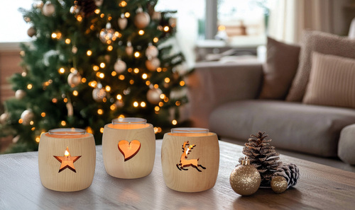 Zirben Teelichthalter mit Glas und Ausschnitt verschiedene Motive V-40.10-001